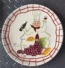 Set Of Fat Chef Plates (2 In Set) W/Purple Grapes Holding Wine Bottle And Glass