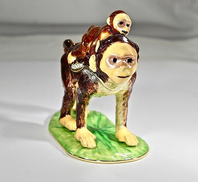 Monkey Jewelry Trinket Box 2 Monkeys Baby with Swarovski Crystals Hinged Enamel eBay
