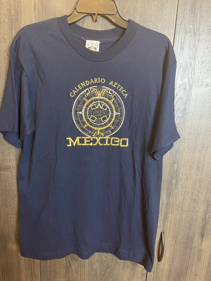 Camiseta Vintage Calendario Azteca México Bordada Adulto Grande Azul Marino Foto 2 de 4