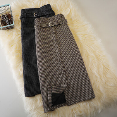 Damen Vintage Hundezahn Midirock Schlitz Bleistiftrock mit Gürtel Warm Winter