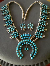 Old Native American Turquoise Sterli Silver Squash Blossom Necklace Earrings Set