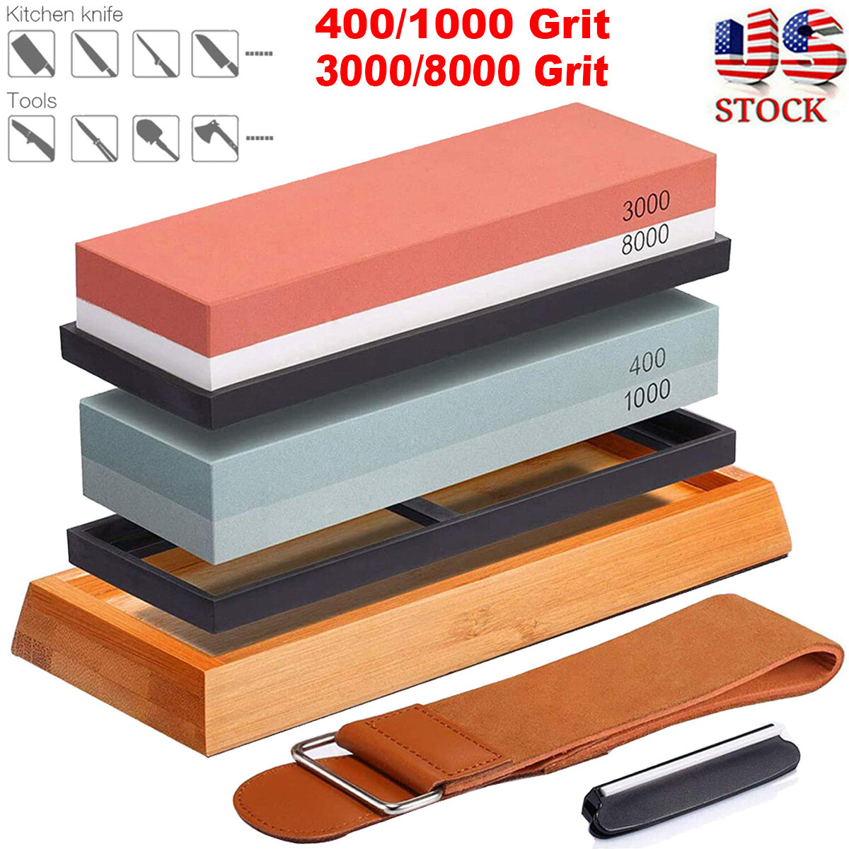 Kitchen Knife Sharpening Water Stone Dual Whetstone Set 400 1000 3000 8000 Grit eBay