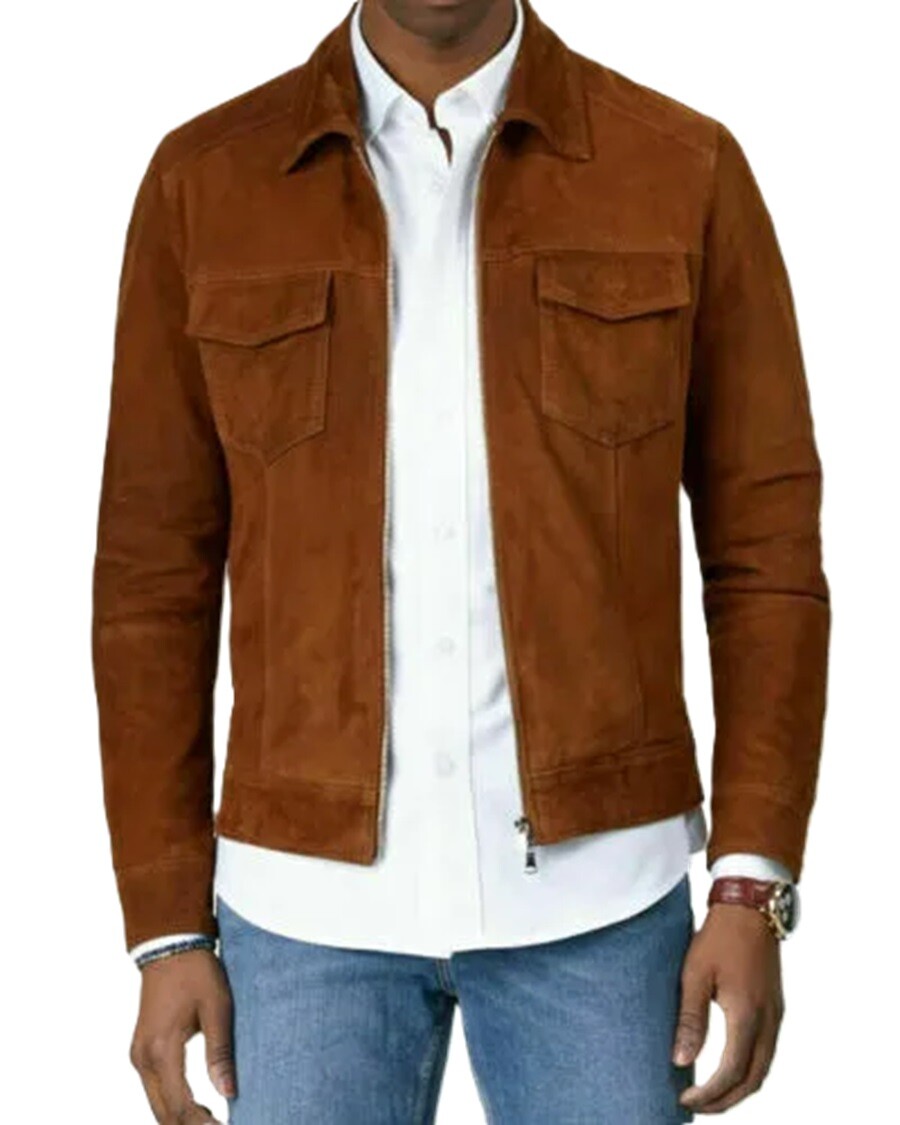 Men's Genuine Soft Suede Leather Brown Jacket Café Racer Classic