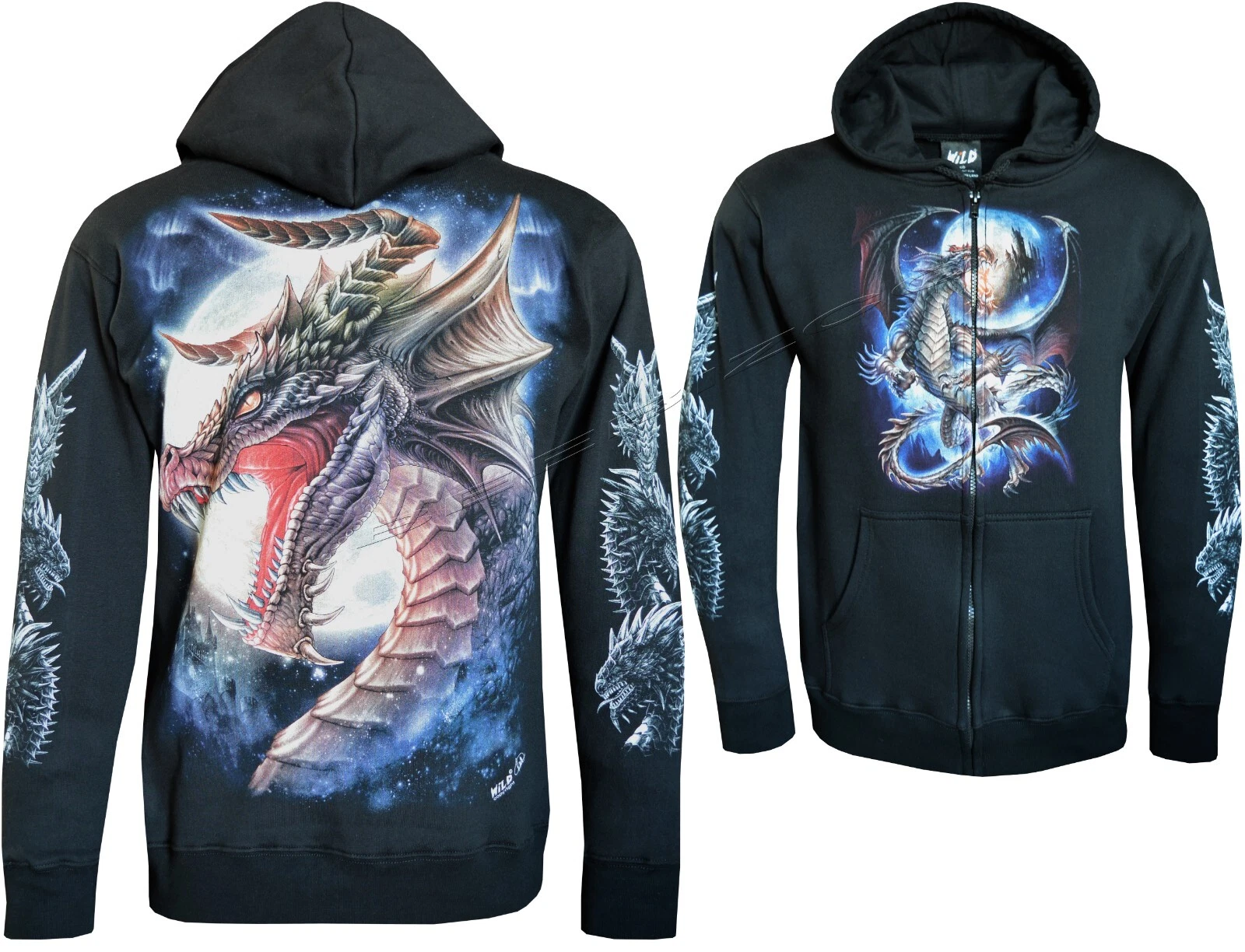 Zip Up Hoodie Majestic Dragon Glowing under Full Moon Castle Glow inDark by Wild