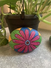 Hand Painted Rock Lady Bug on Plant Stone Acrylic Art