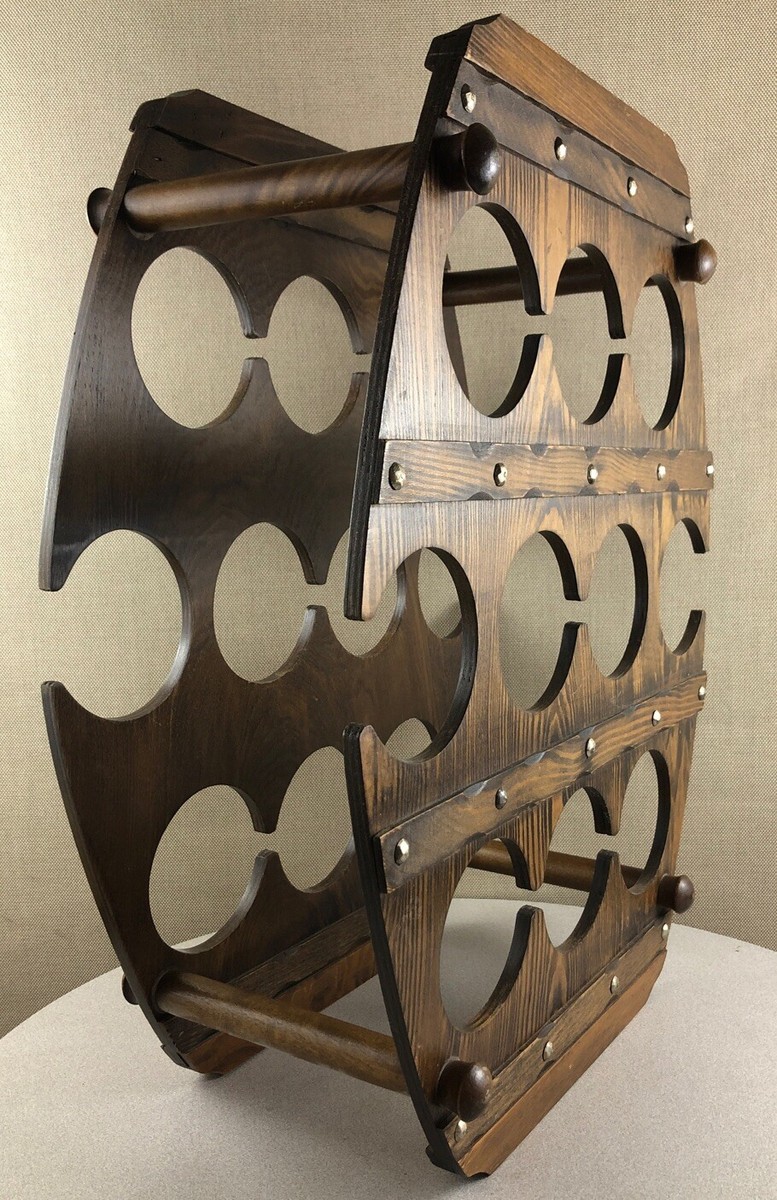 Vintage Spanish Revival Wood Wine Barrel Bottle Rack Medieval