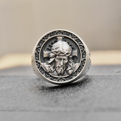 【STING925】 JESUS PIECE RING Jesus Christ Ring Sterling Silver 925 Cross God Head