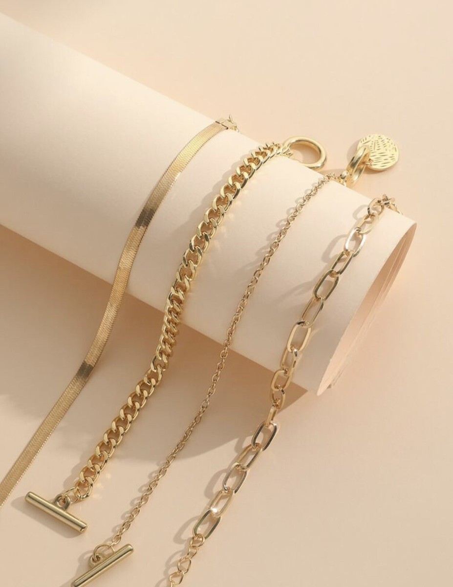 Lot De 4 Bracelets Femme Dorés Or Jaune Avec Chaîne Réglable - Bijoux Sans Marque, Neufs Sans Emballage