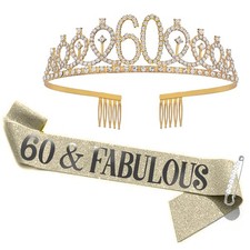 60th Birthday Gold Sash and Rhinestone Tiara Set 60  Fabulous Accessory