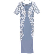 Azazie Womens A10 Dusty Blue Lace Floral Applique V-Neck Maxi Sheath Dress Gown