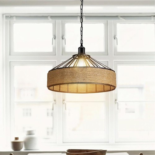 Vintage Retro Industrie Loft Hanfseil Eisen Pendelleuchte Deckenleuchte Retro Lampe UK - Bild 8 von 41