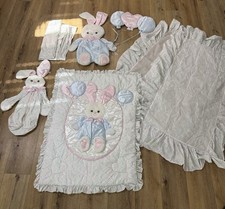 Vtg Lambs Ivy Pink Blue Bunny Balloons Nursery Set Quilt Decor Valance Diaper
