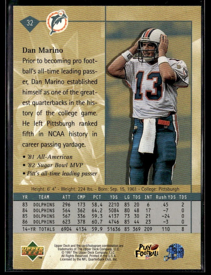 1997 Upper Deck #32 Dan Marino Dolphins Football Card 3102G | eBay