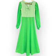 Vintage 70s Green Gingham Maxi Dress Empire Waist Long Sleeve Size US Small