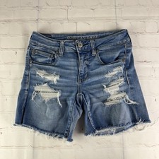 American Eagle Next Level Stretch Distressed Denim Midi Blue Jean Shorts Size 6