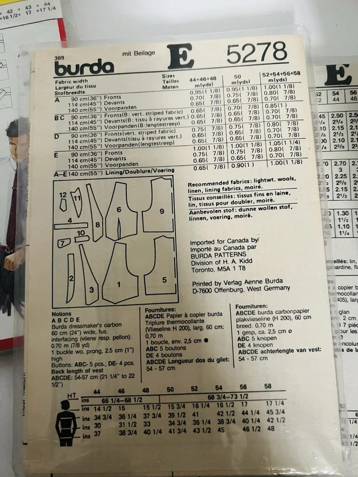 VINTAGE Burda Men's 80's Waistcoat's in 5 StylesSewing Pattern #5278 - Image 3 of 3