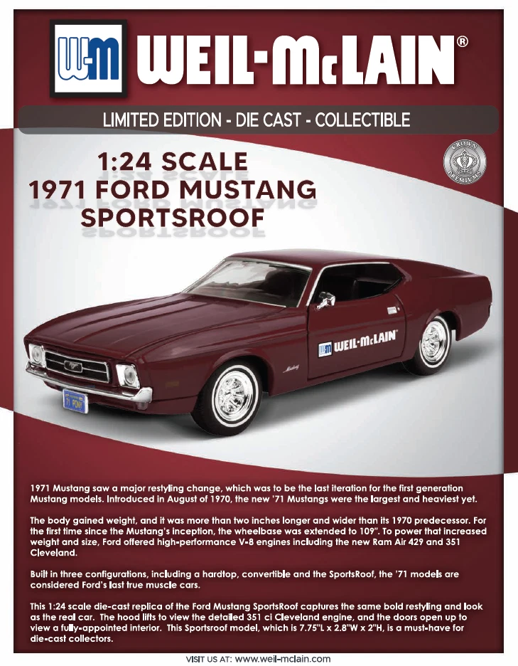 Crown Premium 1:24 1971 Mustang SportsRoof Die-Cast Weil-McLain nuevo en caja Foto 2 de 4