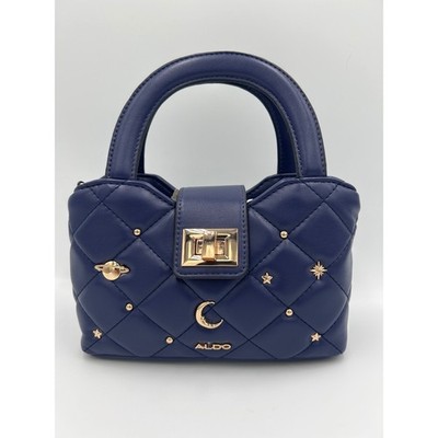 ALDO Quilted Navy Blue Satchel Bag Celestial Moon Star Planet Gold Accents