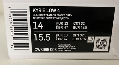 A Nike Kyrie Low 4 Black Bone Rattan Dark Grey Mens Sz 14 Irving