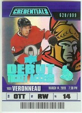 2019-20 Credentials Max Veronneau Debut Ticket Access #90  RC #'d 628/999 Ottawa