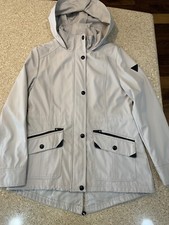 Guess Womans Front Button Zipper Jacket Coat Hooded Size Medium, Light Gray