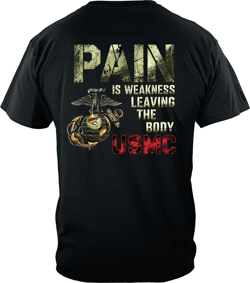 Camiseta USMC Marine Corps Pain Is Weekness Leaving The Body preta vermelha ou verde - Imagem 2 de 4