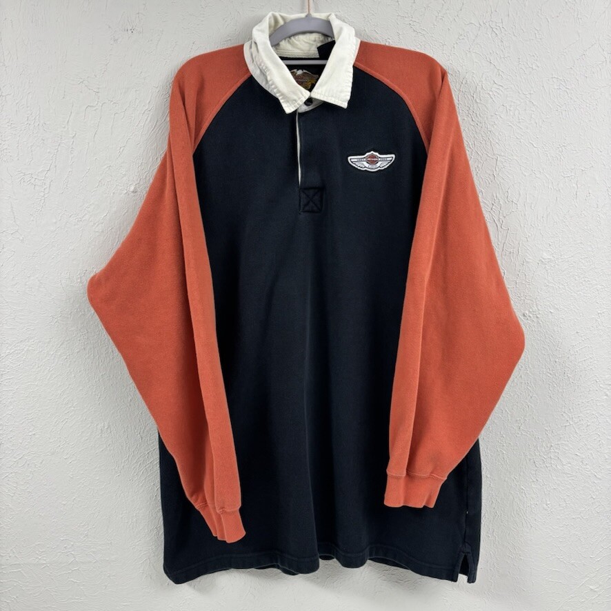 Harley Davidson Mens Long Sleeve Pull Over Shirt Collar Size 2XL Orange Black