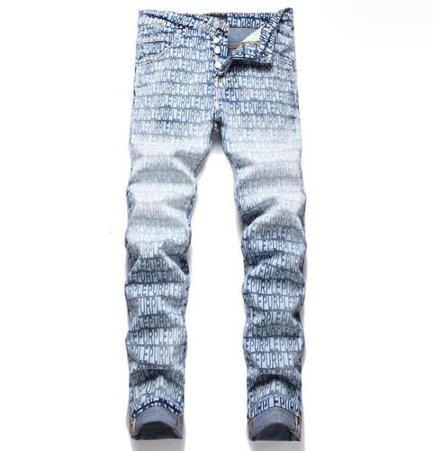 Men's Blue Denim Jeans Letter Printed Straight Leg Casual Pants Trousers Punk