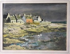 A.Tarranne ? Acquerello Paesaggio Marino Bordo Di Mare Oceano Bretagna Villaggio