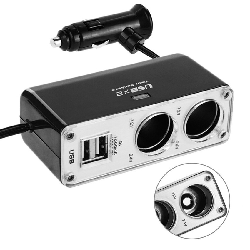 12V Car Cigarette Lighter Socket Splitter Dual USB Port Extension Charger