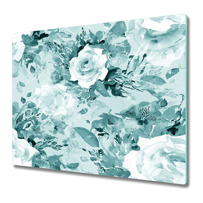 Tempered Glass Chopping Cutting Board Worktop Saver Aqua flowers blue 60x52