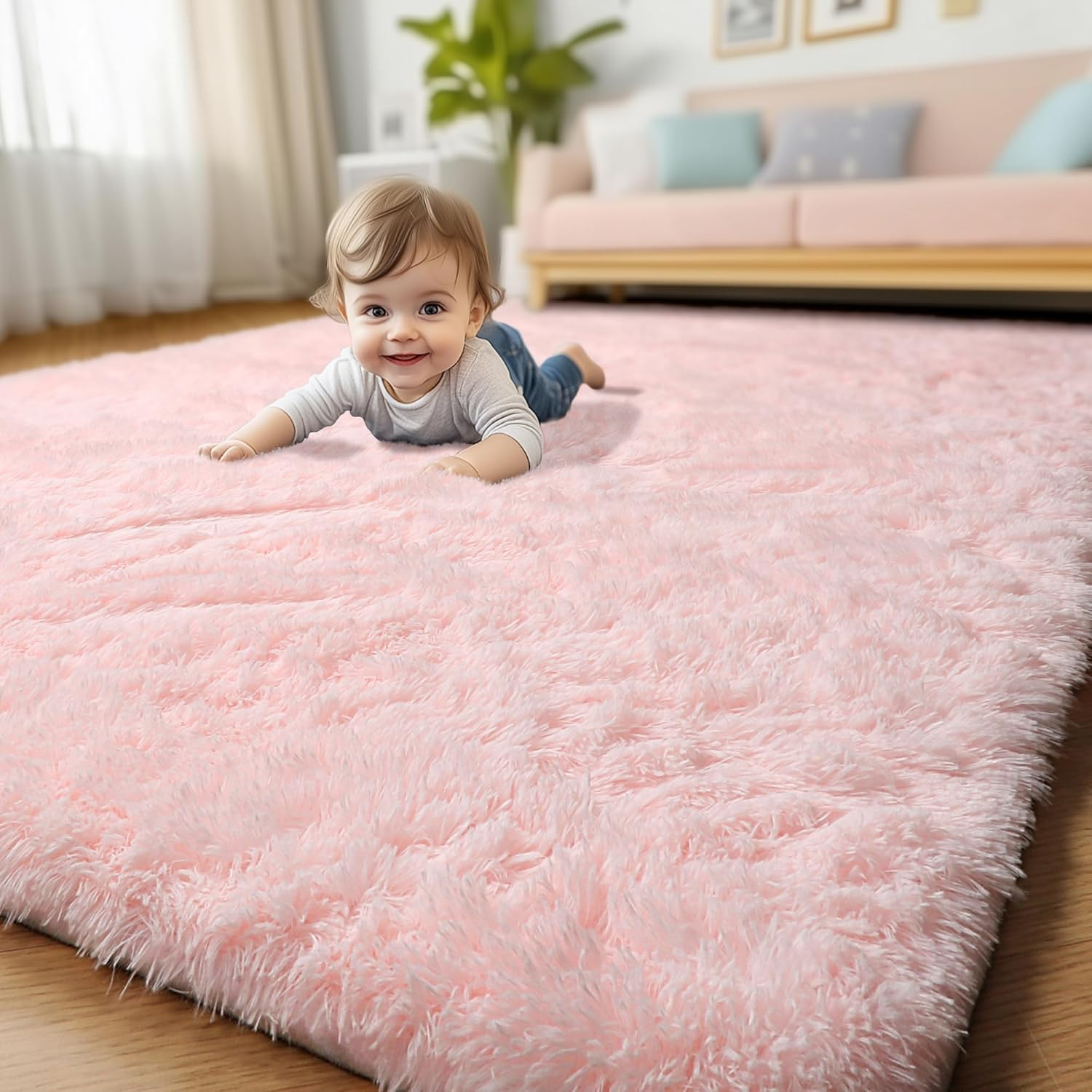Pink Fluffy Shag Rug 4x6 for Girls Bedroom or Living Room Decor