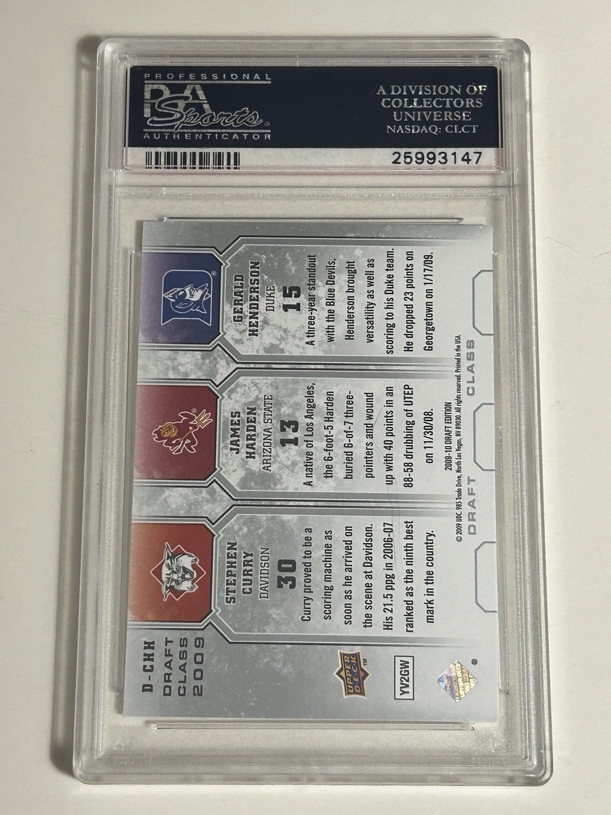 Steph Curry 2009 Draft Class RC w/ Harden ~ PSA 10 Mint ~ U. D. Draft Ed. D-CHH view 2