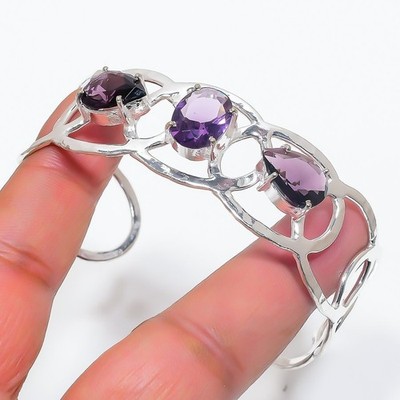Purple Amethyst Gemstone Handmade 925 Sterling Silver Cuff Bracelet Adjustable