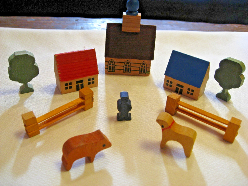 VTG Erzgebirge Village, Wooden Houses, Church?,  Trees, Fences, Person, Animals