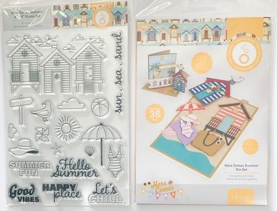 Tonic Studios HERE COMES SUMMER Beach Stamp & Die Set. Palm Tree, Seagull