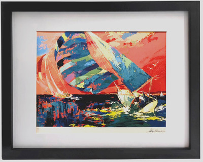 LEROY NEIMAN Orange Sky Sailing Plate Signed Vintage Framed Nautical Art Print