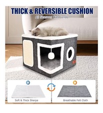 Cat House Large Cat Bed Cave with Scratch Pad and Fluffy Ball Foldable Cat Condo