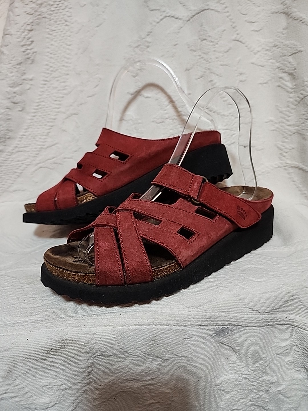 Women's Spring Step Red Leather Cork Footbed Low Wedge Sandals Size 38 Or 7.5