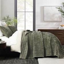 Grassix Velvet Quilt King Size - Luxe Olive Green Quilt Set Lightweight Velve...
