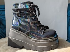 Demonia Platform Boots Sz 11 - Black Multicolor, Glossy, Rave Punk, Vegan, Mint