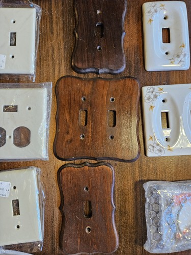 ​Vintage Wall Plate Lot - 11pc Wood Ceramic Porcelain Brass - Switch Outlet...
