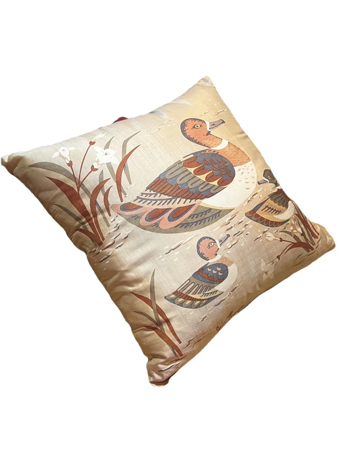 Vtg Signed Jim Thompson 100% Thai Silk 15” Pillow Case WITH INSERT Ducks In Pond - Image 2 of 4