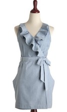 Talbots Dress Women’s 6 100% Linen Light Blue Belted Ruffle Dress Sleeveless