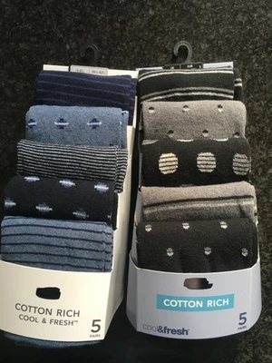 EX MARKS AND SPENCER Ex M&S mens 5 pk cotton rich cool fresh socks navy or grey designs 6-8.5 9-12