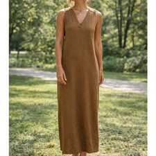 Richer Poorer Textured Cotton Blend Maxi Dress Size M Camel Brown V-Neck