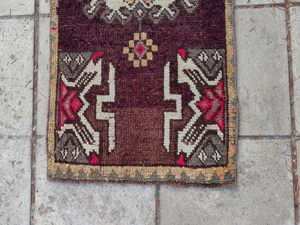 Vintage Turkish Rug 3.6x1.5 ft Hand-Knotted Wool Anatolian Tribal Carpet - Image 4 of 4