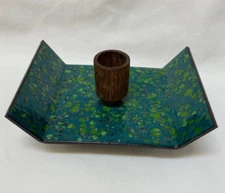 Mid Century Modern Heavy Enamel and Wood Candle Holder
