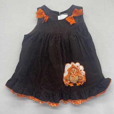 Rare Editions Baby Girl Brown Corduroy Thanksgiving Turkey Jumper Dress 24m 