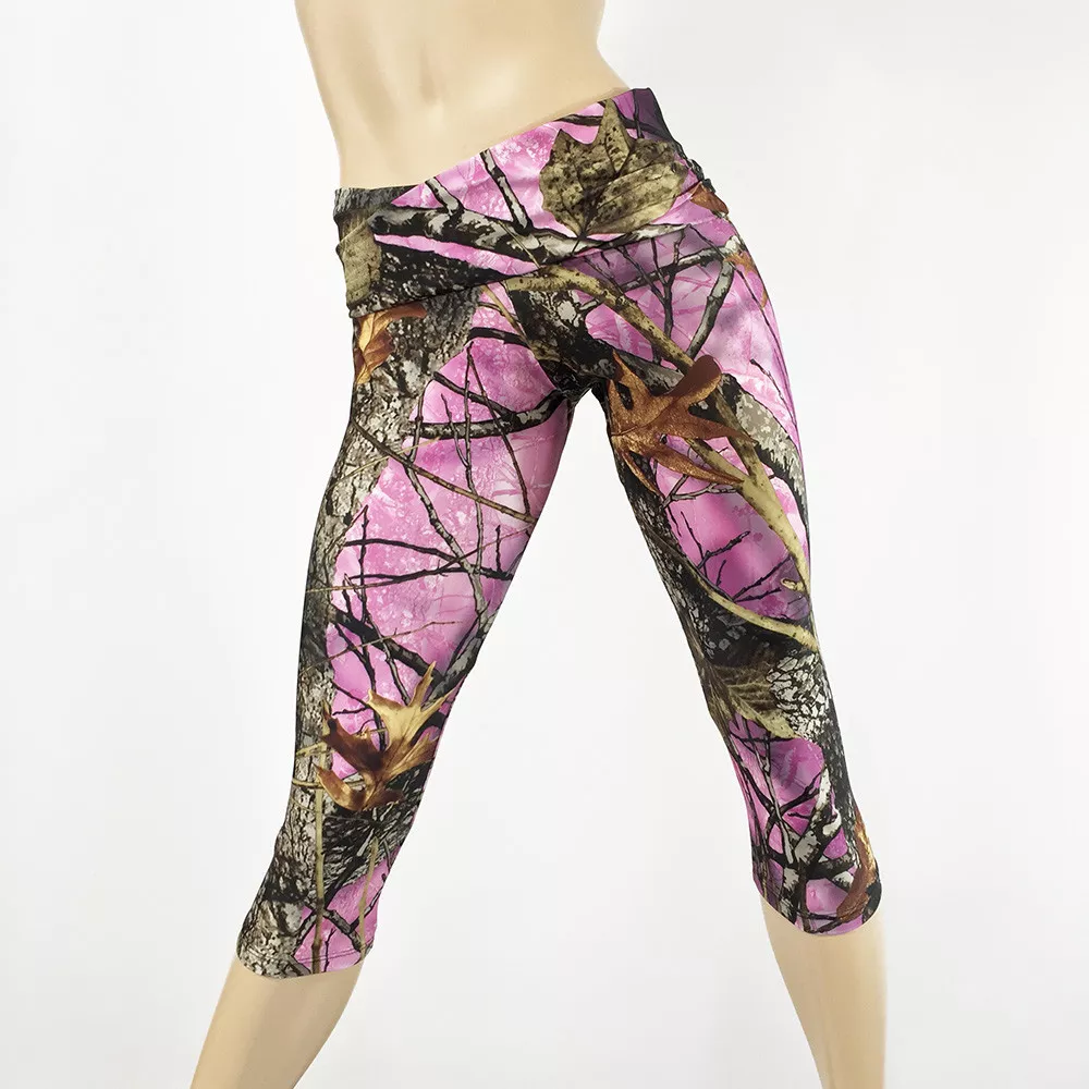 Pink Camo Pants Camouflage Hot Yoga Pants Fold Over HIgh Waist Capri Bikram  USA